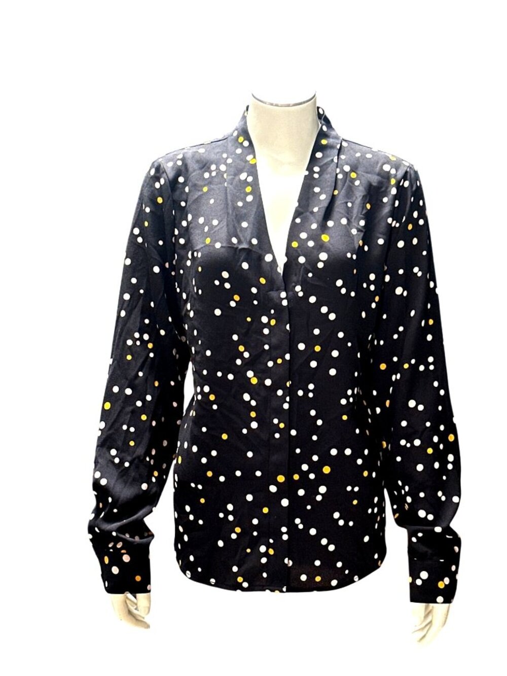Halogen Size Med Black Confetti Dot V Neck Blouse Long Sleeve Career Workwear